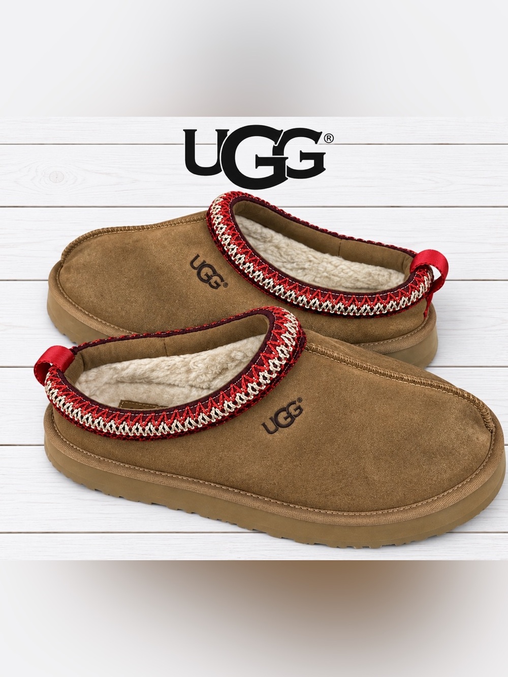 UGG Women's Chestnut Suede Slip-On Loafers with Red Trim